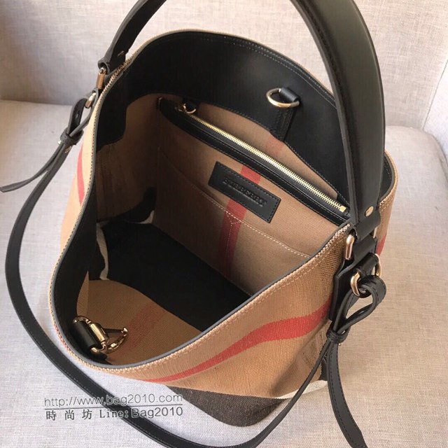 Burberry專櫃新款女包 巴寶莉撞色包黃麻帆布Hobo包 手提肩背水桶包  db1049